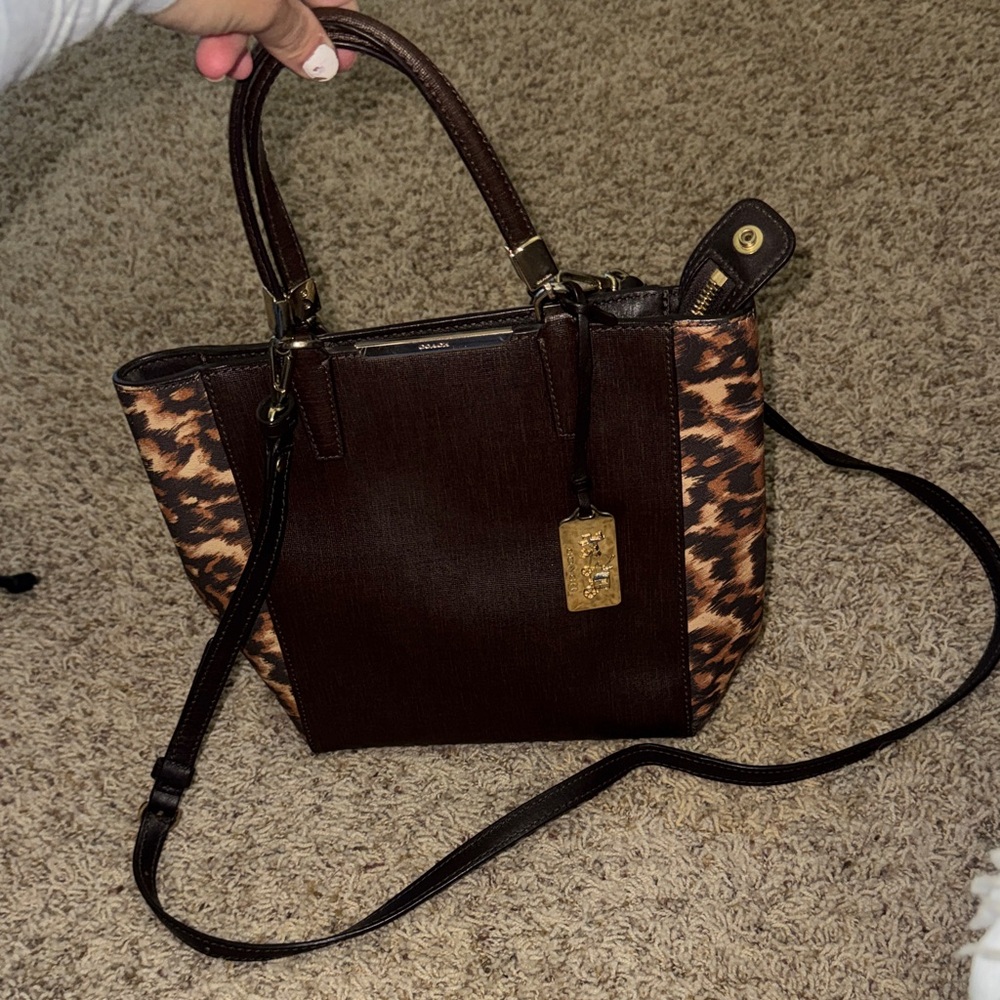 Coach Dark Brown Tote with Leopard Side Panels